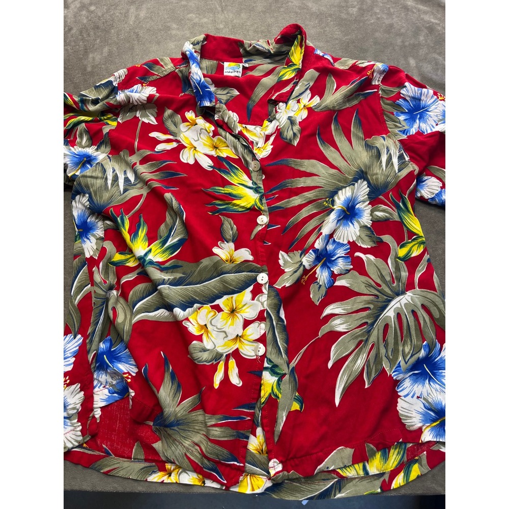 Makai Beach Mens XL Hawaiian Shirt Red Tropical Floral Hibiscus Short‎ Sleeve